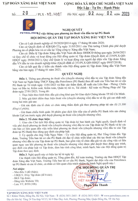 nghị quyết chuyển nhượng vốn đầu tư tại Ngân hàng TMCP Xăng dầu Petrolimex 