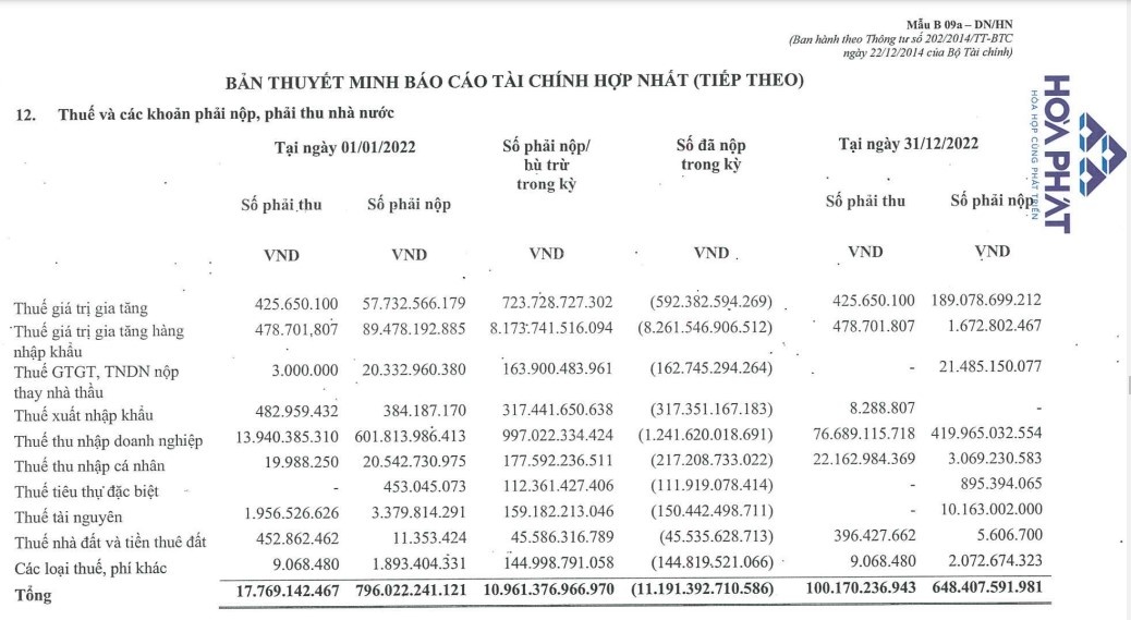 Chi tiết khoản thuế và các khoản phải nộp cho Nhà nước của Hòa Phát tính đến cuối năm 2022.