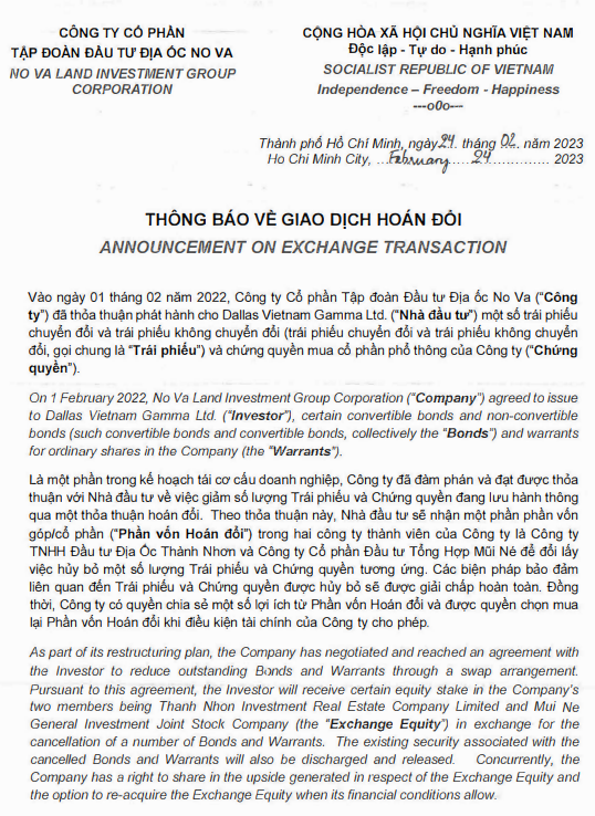 Thông báo về giao dịch hoán đổi trái phiếu