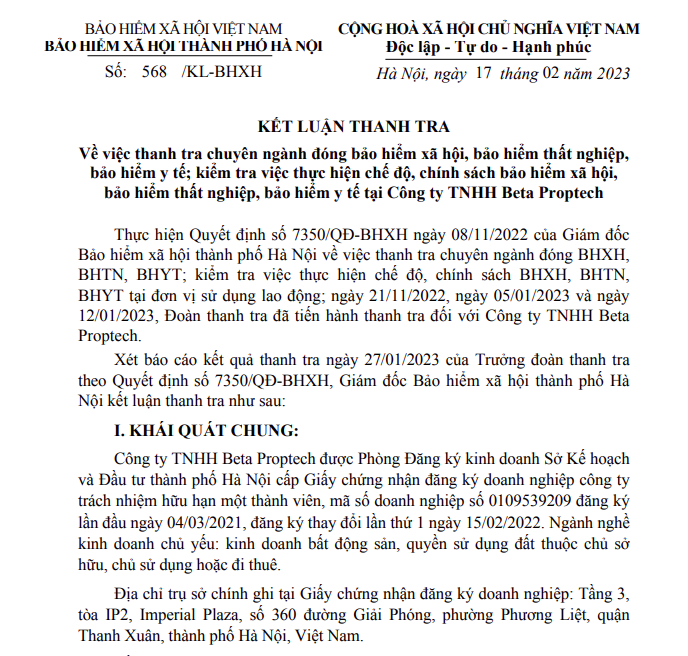 Giám đốc BHXH TP Hà Nội yêu cầu Beta Proptech chuyển ngay 240 triệu đồng tiền nợ BHXH