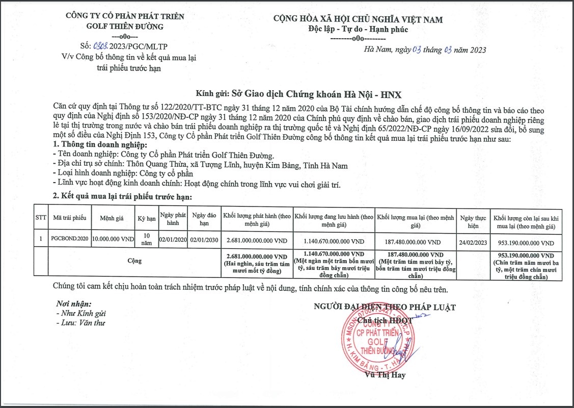 Thông tin được Golf Thiên Đường công bố về việc tiếp tục mua lại trước hạn một phần của lô trái phiếu PGCBOND.2020.