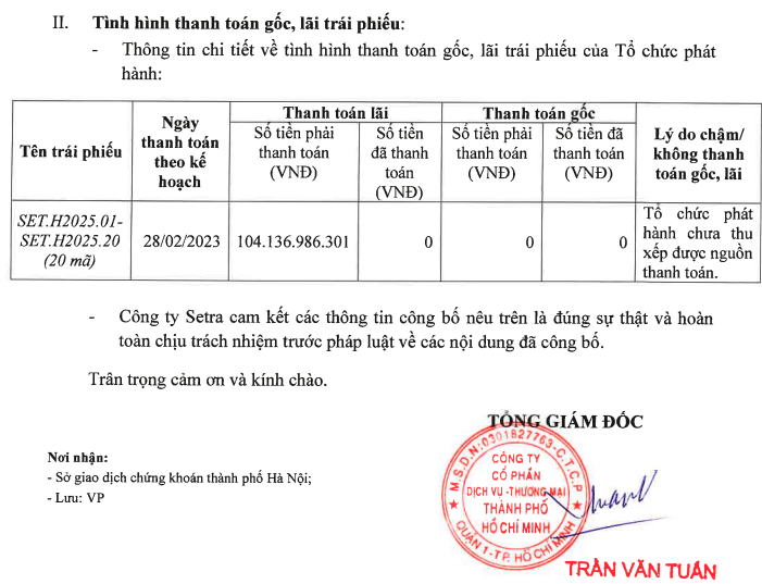 Tình hình thanh toán 20 lô trái phiếu từ mã 01 đến mã 20 của Công ty Setra