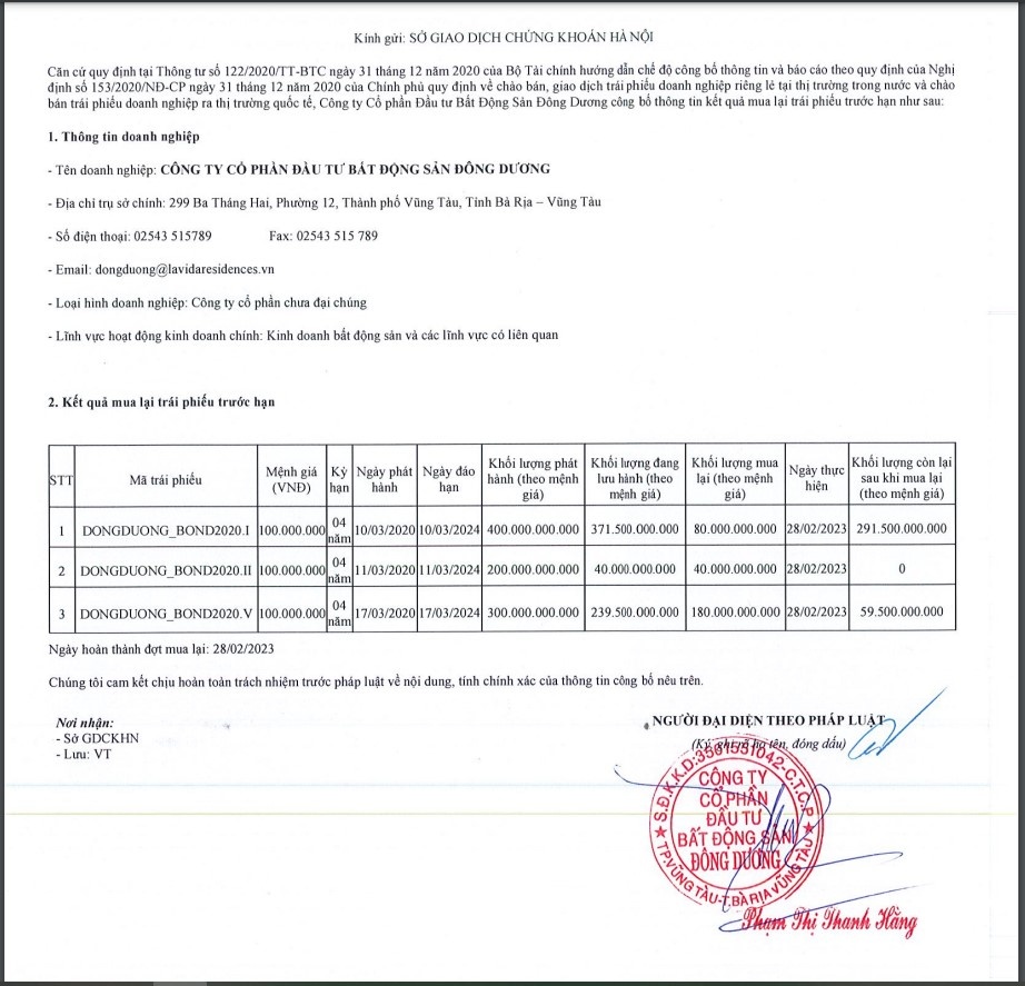 Thông tin về việc Bất động sản Đông Dương mua lại trước hạn đối với 3 lô trái phiếu vào ngày 28/2.