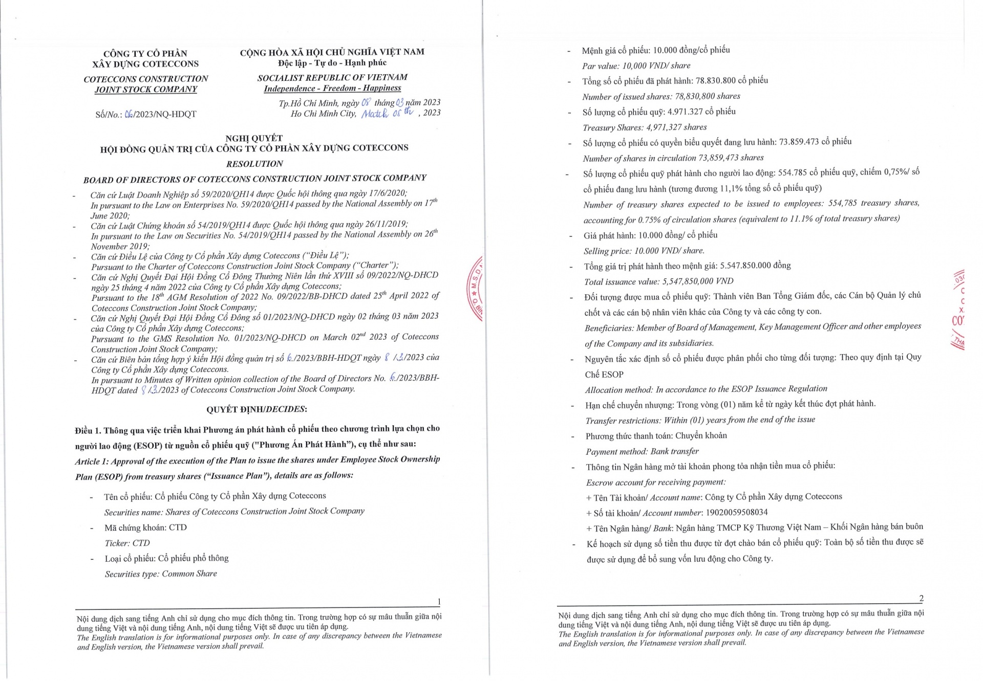 Thông tin được CTD công bố về việc phát hành hơn 550 triệu cổ phiếu ESOP.