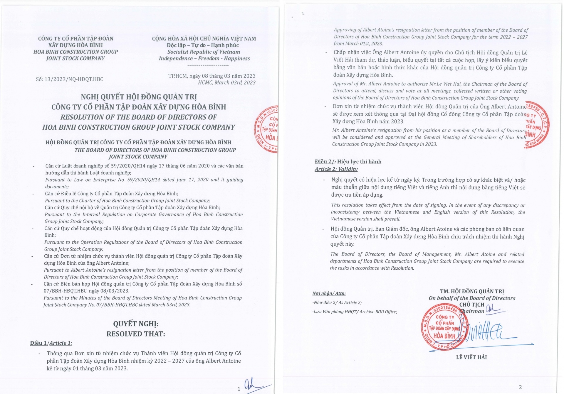 Nghị quyết HĐQT HBC về việc thông qua đơn từ nhiệm của ông Albert Atonie.