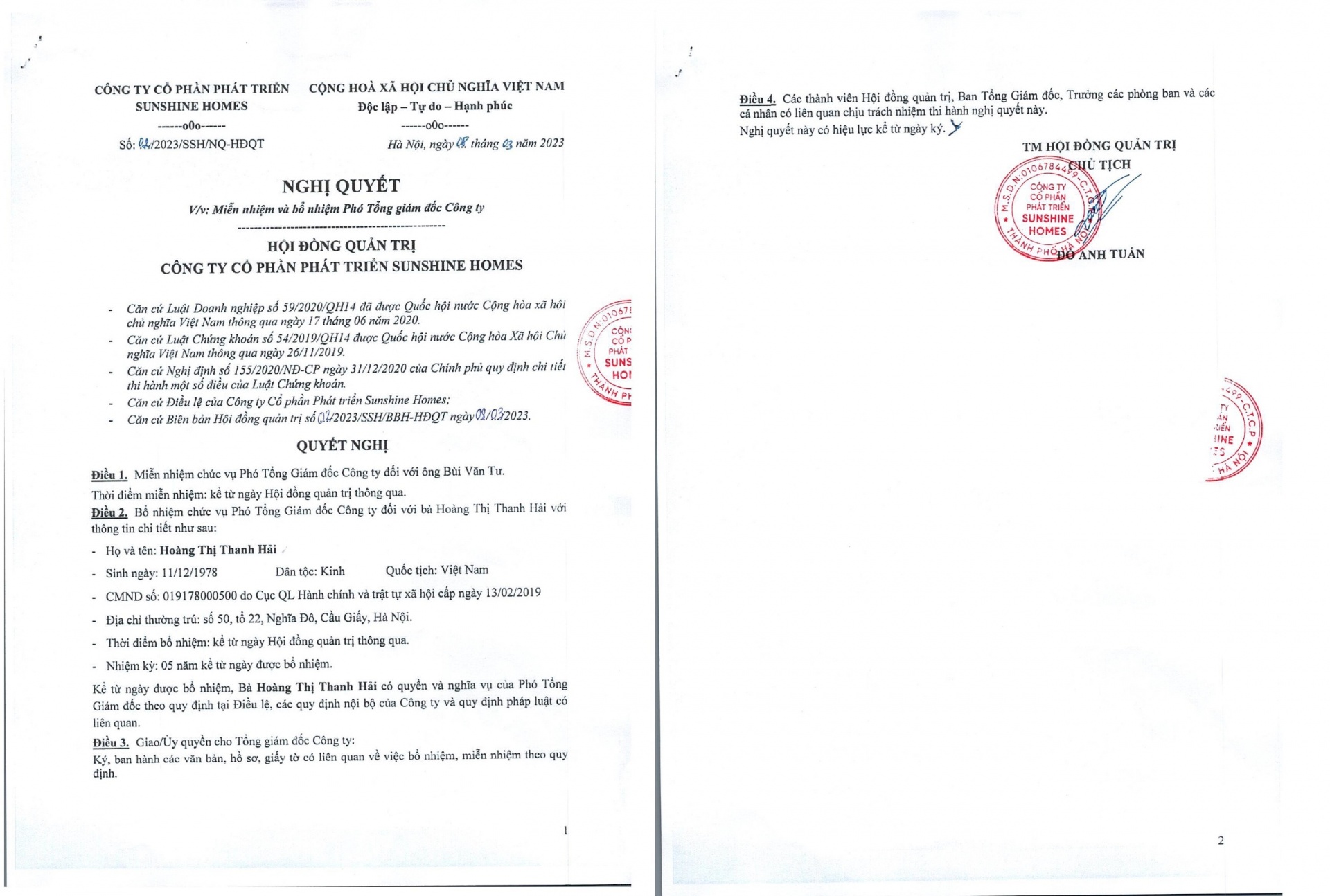Quyết định của Sunshine Homes về việc thay đổi vị trí Phó Tổng Giám đốc.