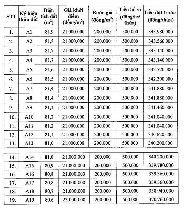 Thông tin 19 thửa đất tại huyện Đan Phượng được mang ra đấu giá trong tháng 3 này.