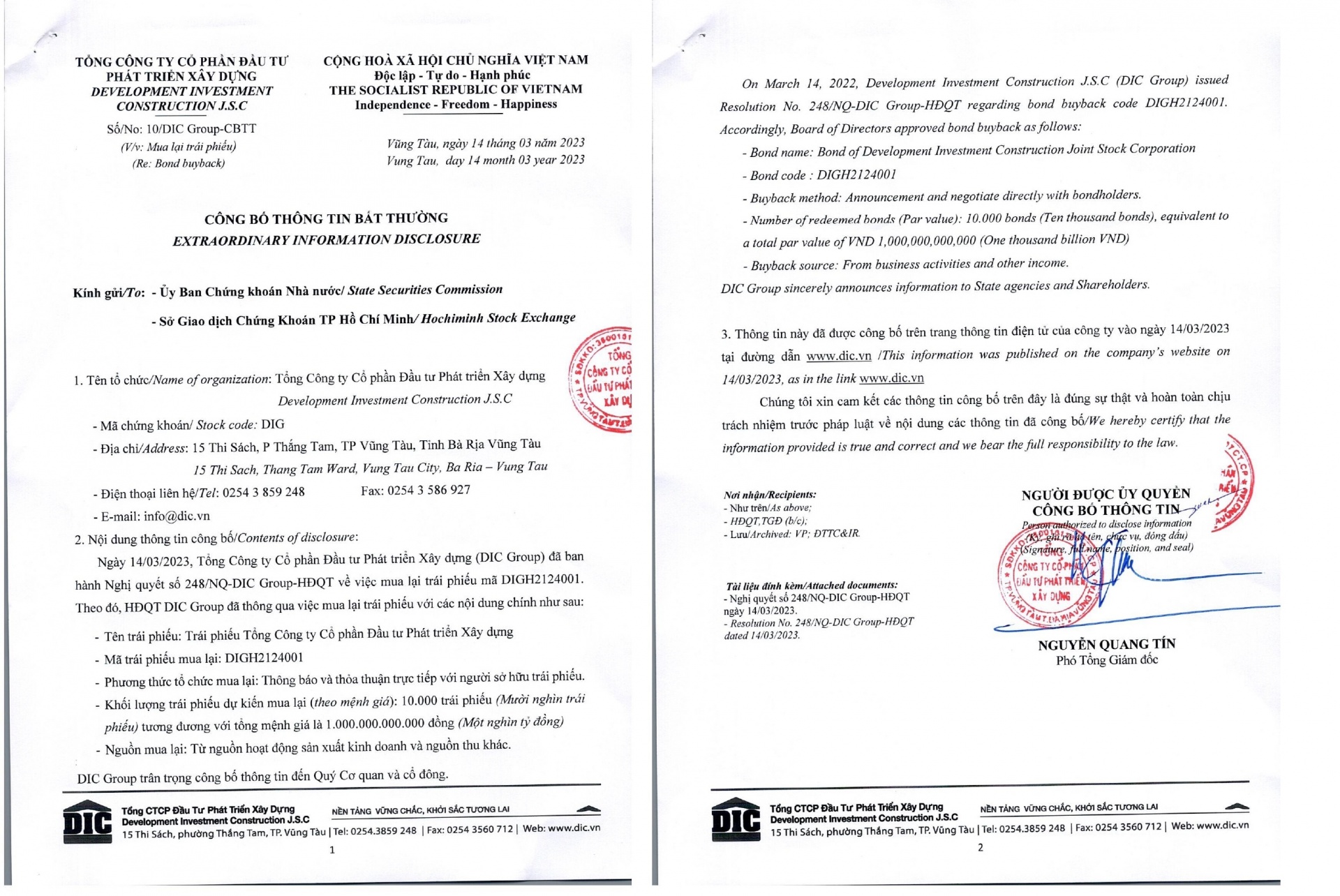 Thông tin về việc mua lại trước hạn lô trái phiếu 1.000 tỷ đồng của DIC Corp.