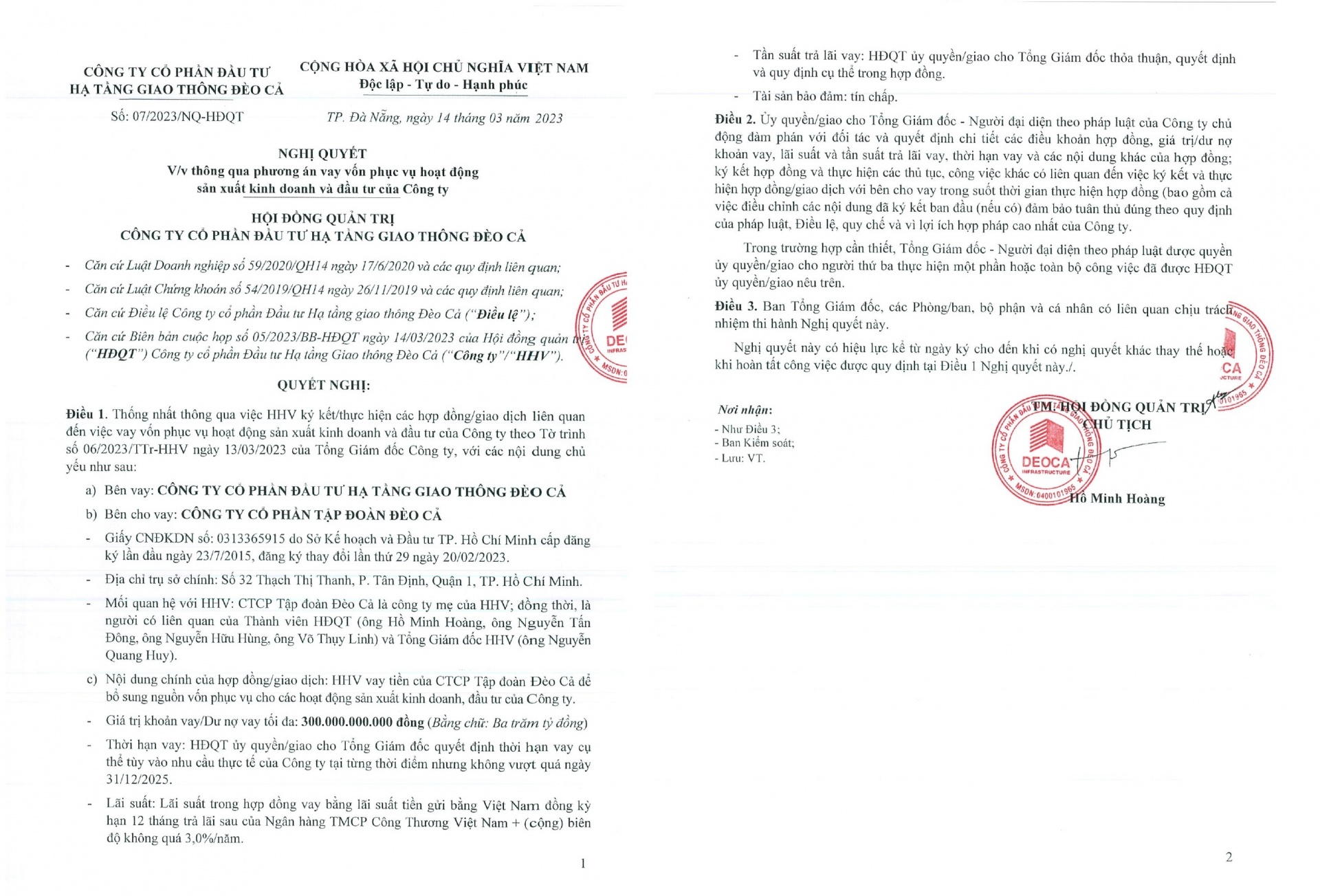 Thông tin về việc HHV muốn vay 300 tỷ đồng từ Tập đoàn Đèo Cả.