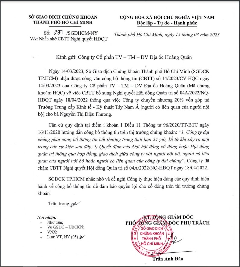 HoSE nhắc nhở Địa ốc Hoàng Quân về việc vi phạm công bố thông tin.