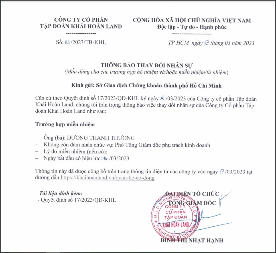 Thông báo của Khải Hoàn Land về việc miễn nhiệm chức vụ Phó Tổng Giám đốc đối với bà Dương Thanh Thương.