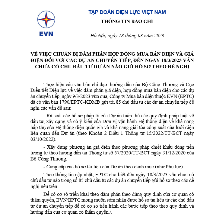 85 chủ đầu tư điện tái tạo chưa gửi hồ sơ đàm phán hợp đồng mua bán điện và giá điện