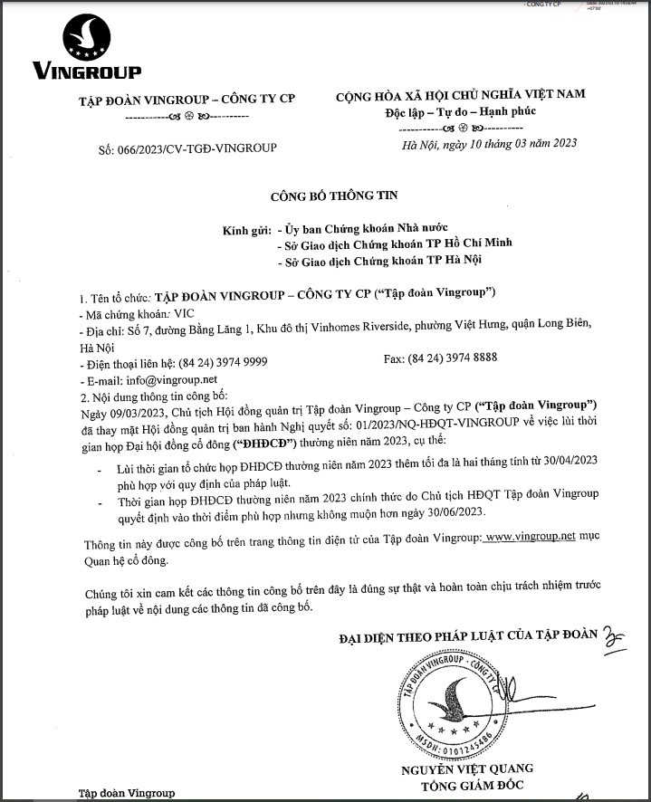 Thông báo hoãn ngày tổ chức ĐHĐCĐ thường niên 2023 của Tập đoàn Vingroup.