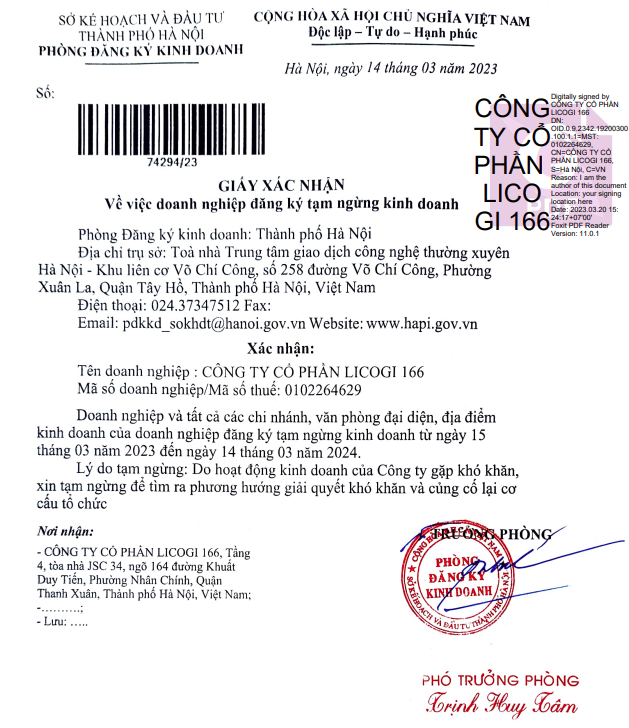 Xác nhận tạm dừng kinh doanh công ty xây dựng Licogi 166 
