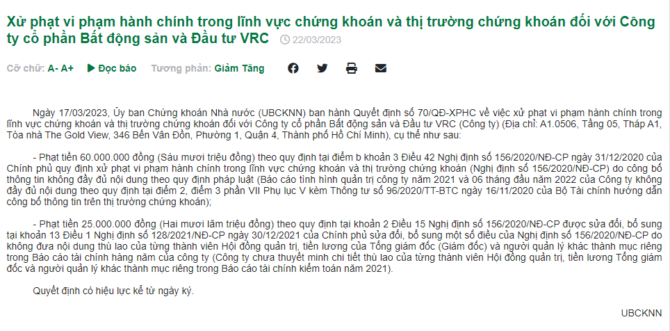 'Ém' thông tin tiền lương lãnh đạo, Bất động sản và Đầu tư VRC bị xử phạt