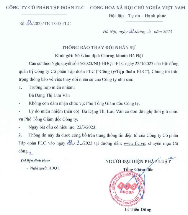 Thông báo thay đổi nhân sự Tập đoàn FLC