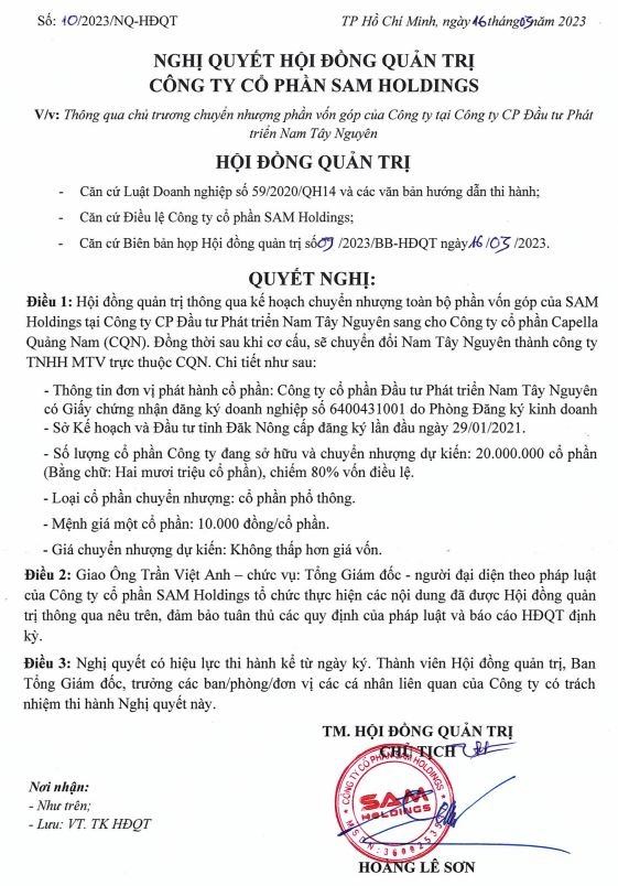 Nghị quyết chuyển nhượng cổ phần SAM Holdings