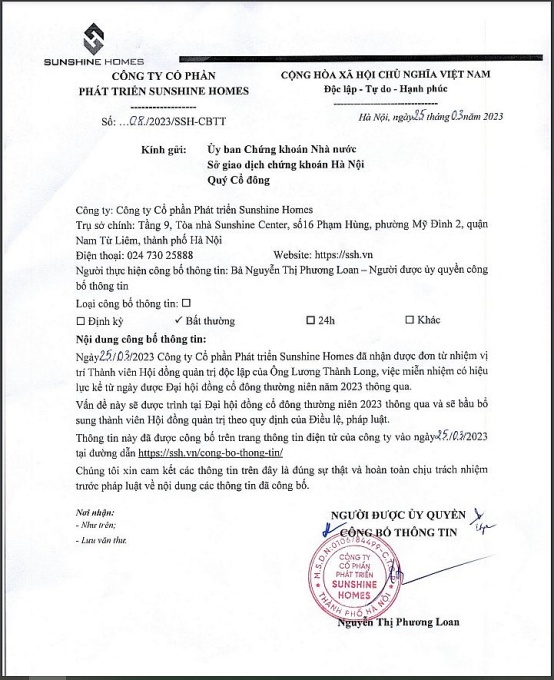 Sunshine Homes chuẩn bị nhân sự trước Đại hội cổ đông tháng 4/2023