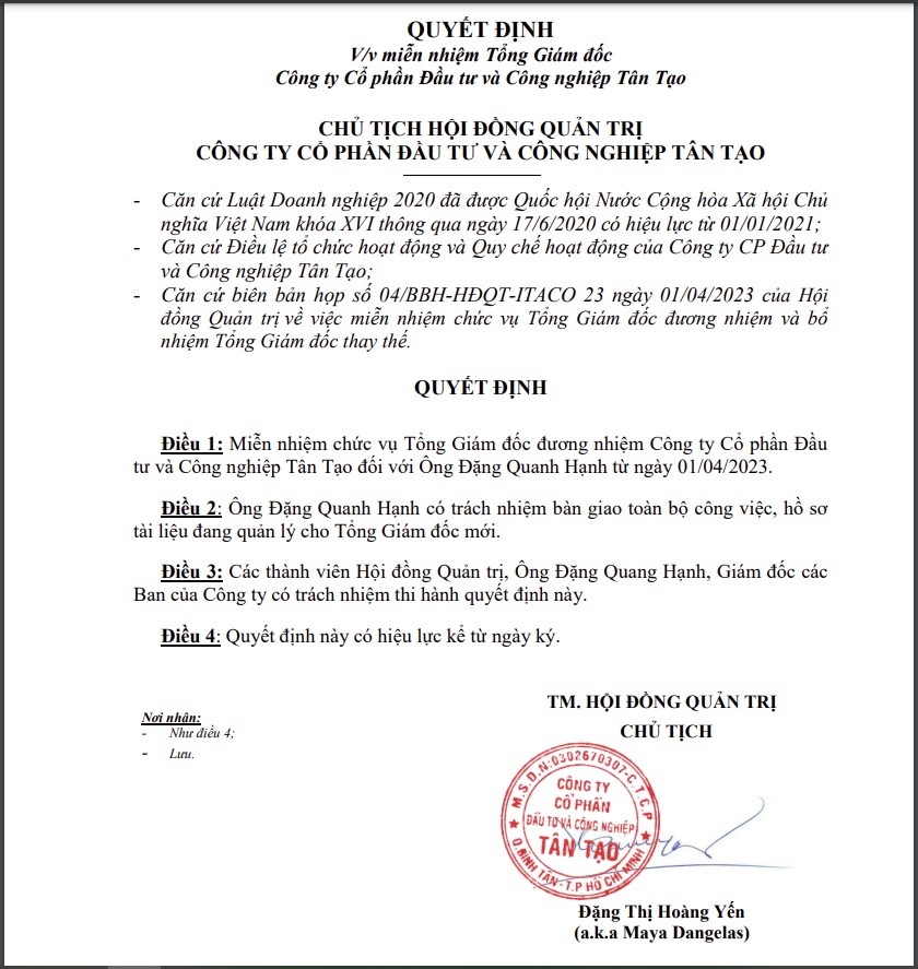 Quyết định của ITA về việc miễn nhiệm chức vụ Tổng Giám đốc đối với ông Đặng Quang Hạnh.