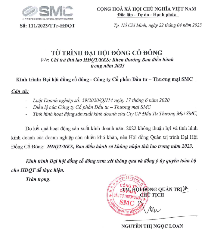 Tờ trình về việc chi trả thù lao cho Ban Lãnh đạo SMC