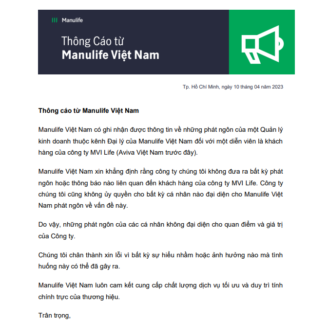 Manulife Việt Nam phủ nhận phát ngôn phản cảm không đại diện cho doanh nghiệp