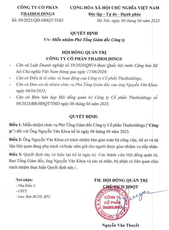 Ông Nguyễn Văn Khoa miễn nhiệm chức vụ Phó Tổng Giám đốc kể từ ngày 6/4