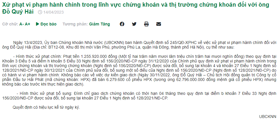 UBCKNN quyết định xử phạt ông Đỗ Quý Hải với số tiền hơn 1,2 tỷ đồng