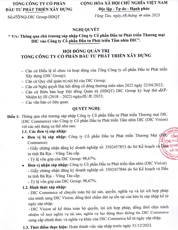 Nghị quyết thông qua chủ trương sáp nhập 2 công ty con của DIG