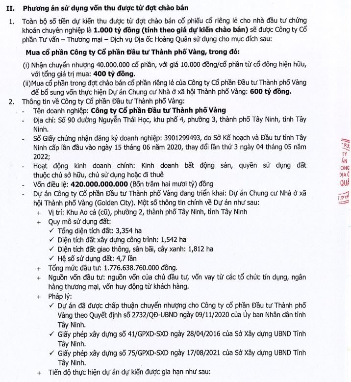 Địa ốc Hoàng Quân muốn thay đổi phương án sử dụng vốn