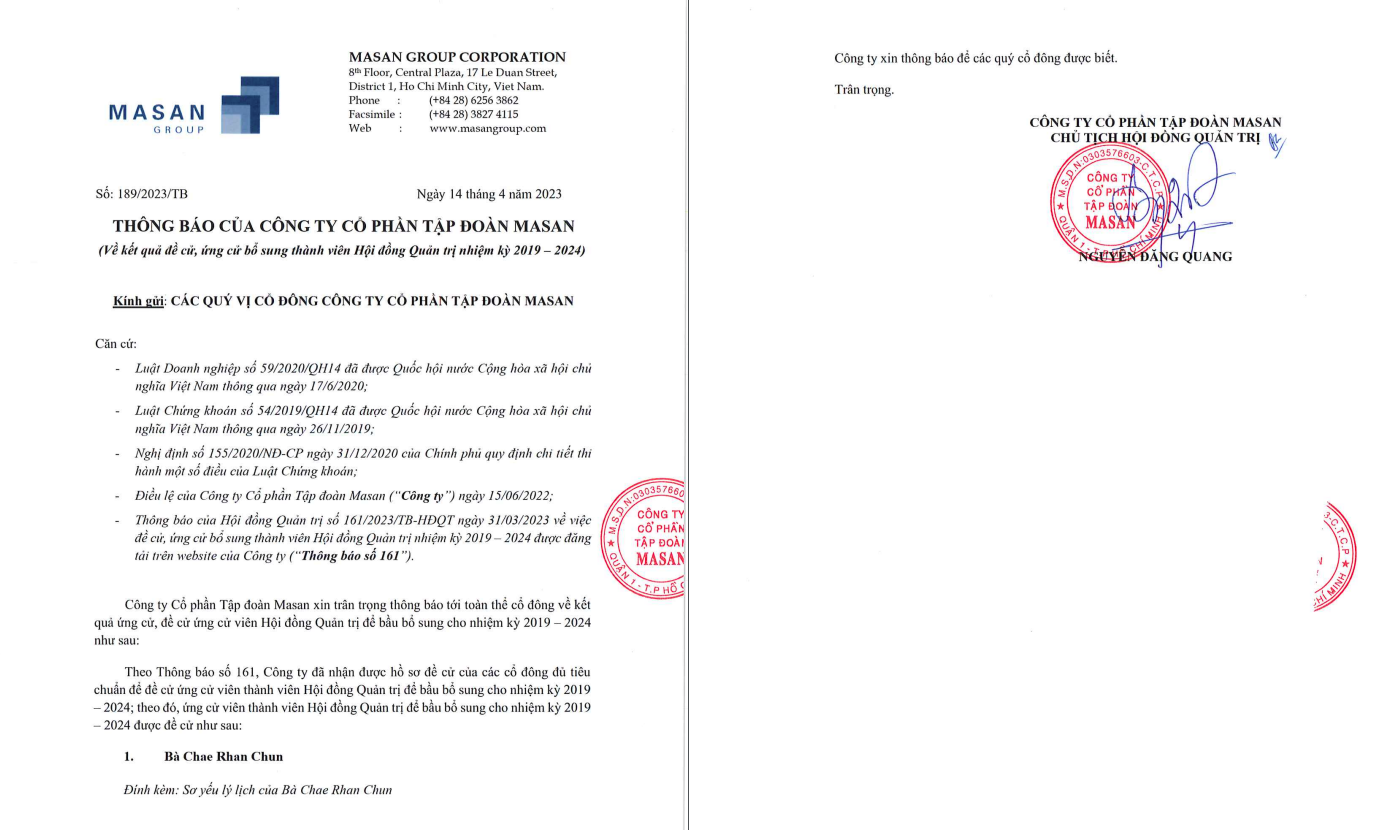 Masan đề cử ứng cử viên người Hàn Quốc tham gia vào HĐQT