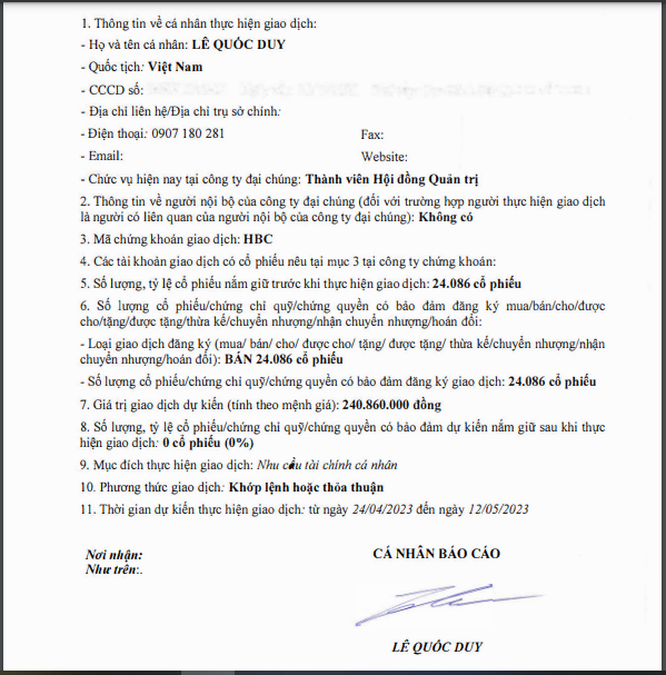 Thông báo về giao dịch cổ phiếu của ông Lê Quốc Duy.