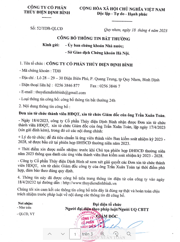 TDB công bố thông tin bất thường về việc ông Trần Xuân Toàn xin từ chức