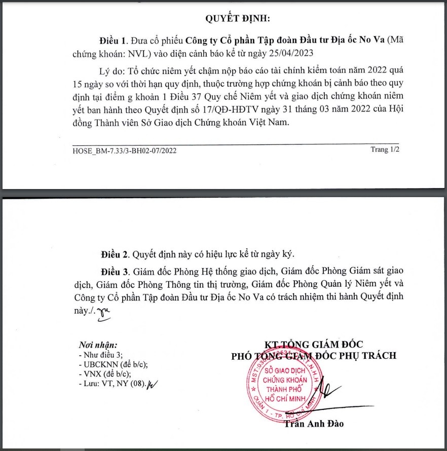 Quyết định của HoSE về việc đưa cổ phiếu NVL của Novaland vào diện cảnh báo từ ngày 25/4/2023.