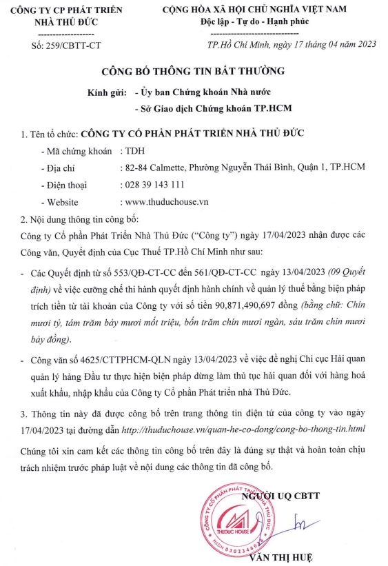 Thuduc House công bố thông tin bất thường về việc bị cưỡng chế gần 91 tỷ đồng tiền thuế