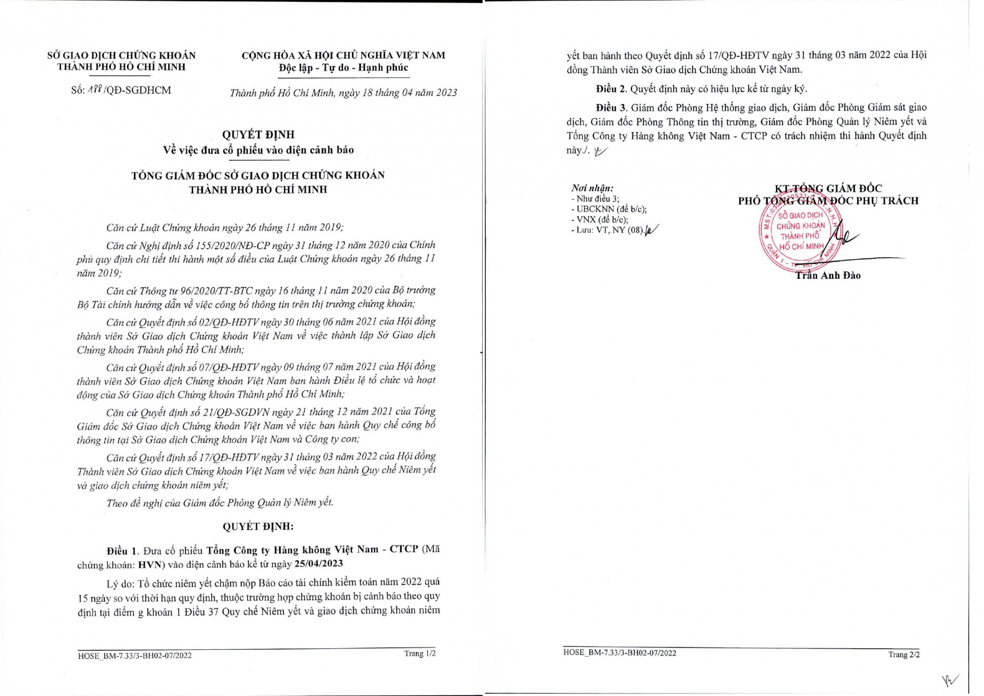 Quyết định của HoSE về việc đưa cổ phiếu HVN vào diện cảnh báo từ ngày 25/4/2023.