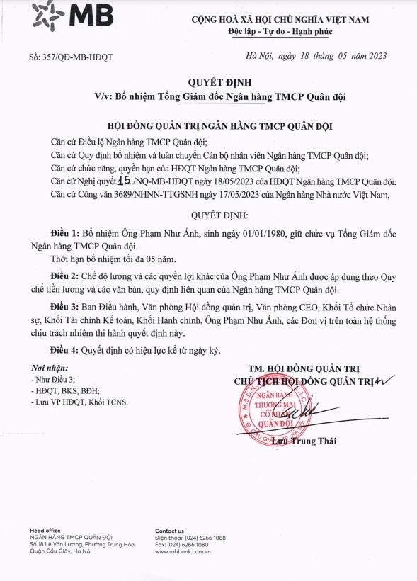 MB chính thức bổ nhiệm Tổng giám đốc mới