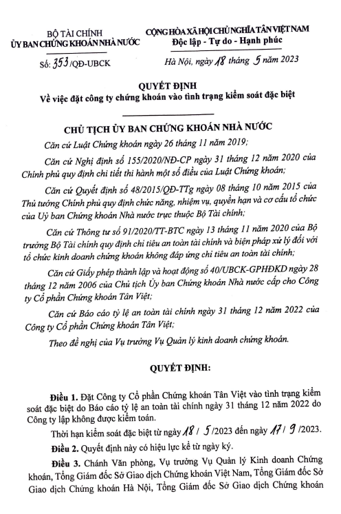 Quyết định 353 của UBCKNN với Chứng khoán Tân Việt