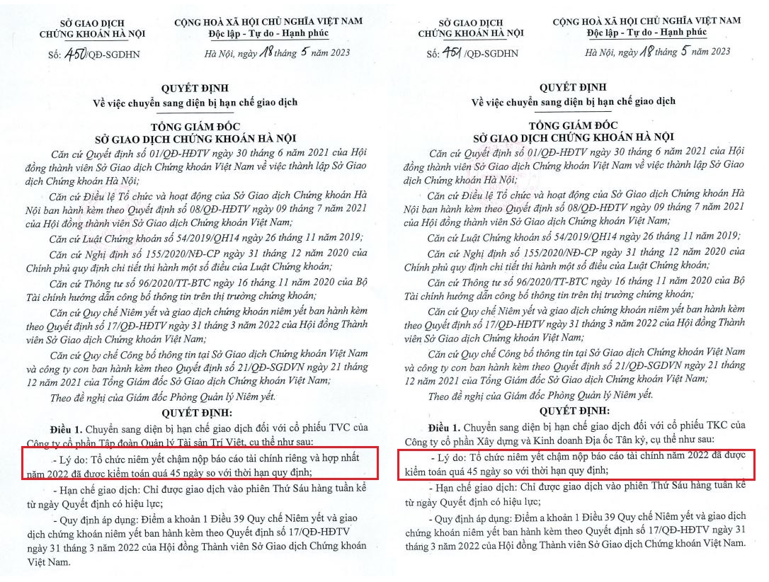 Cổ phiếu TVC và TKC bị hạn chế giao dịch