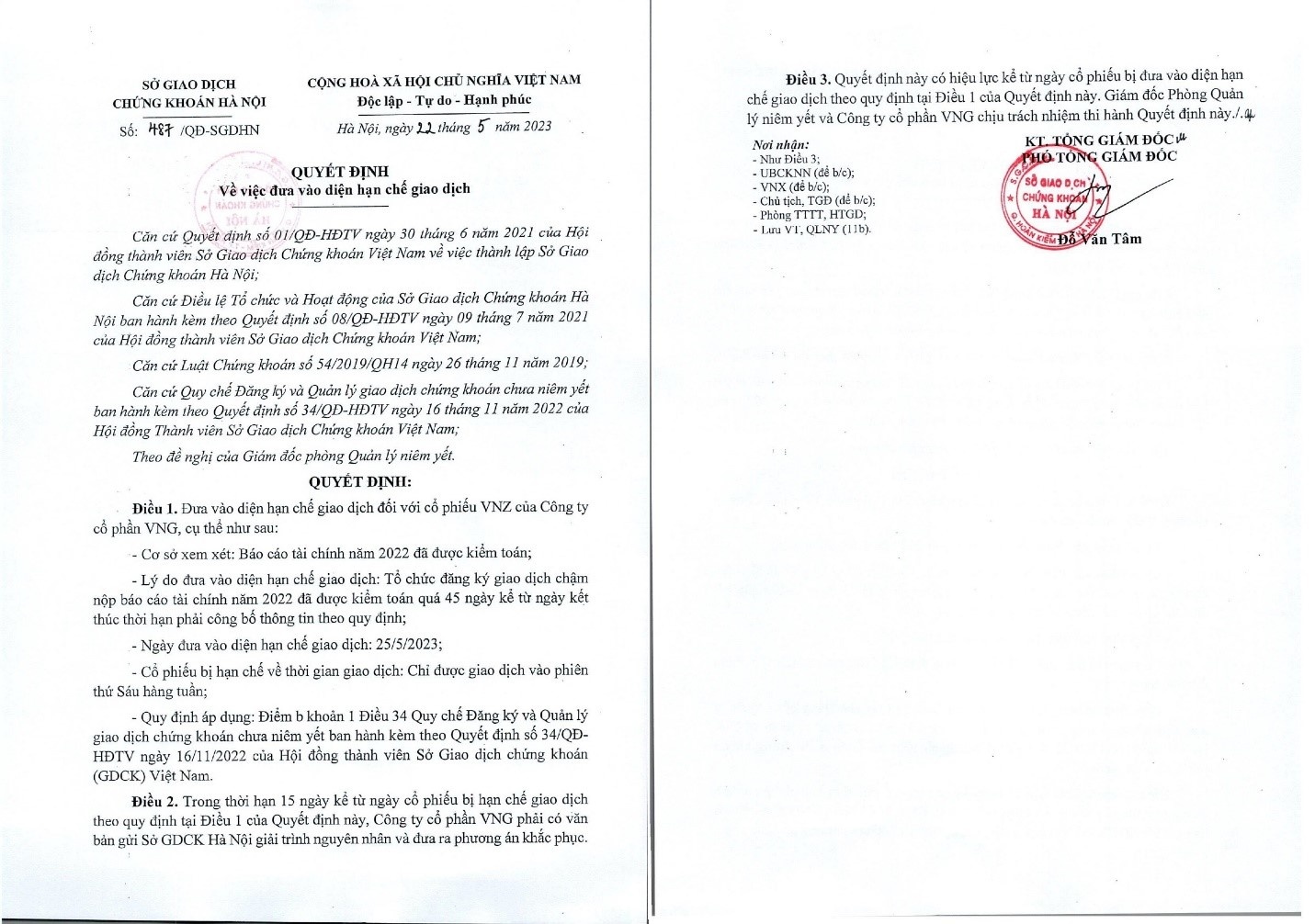 Quyết định của HNX về việc đưa cổ phiếu VNZ vào diện hạn chế giao dịch kể từ ngày 25/5/2023.