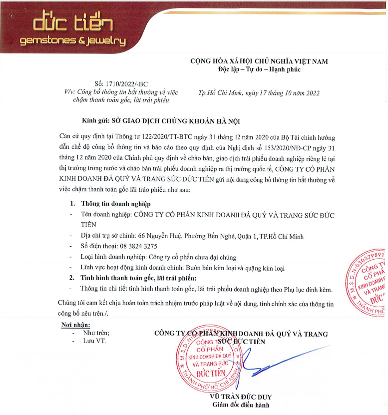 Đá quý và Trang sức Đức Tiến chậm thanh toán 500 tỷ đồng gốc trái phiếu