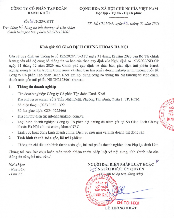 Danh Khôi thông báo về việc chậm thanh toán gốc trái phiếu NRCH2123001