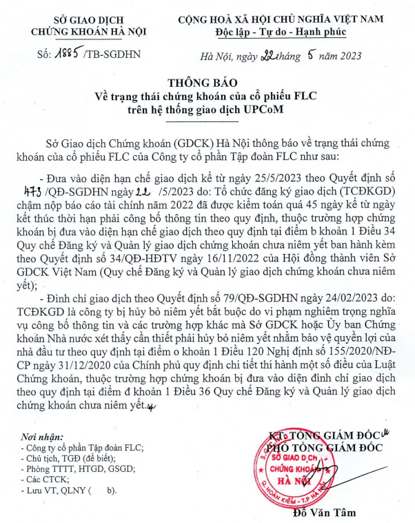 Thông báo trạng thái hoạt động của cổ phiếu FLC