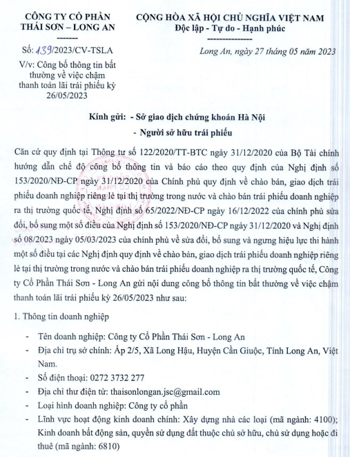 Thông báo về việc chậm thanh toán lãi 2 lô trái phiếu CTCP Thái Sơn – Long An