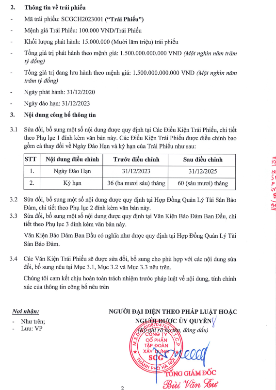 Công bố điều chỉnh thời gian đáo hạn trái phiếu của SCG