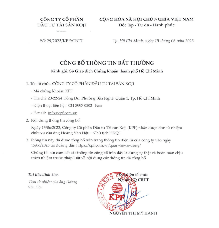 Chủ tịch HĐQT Koji từ nhiệm sau gần 2 tháng đảm nhiệm