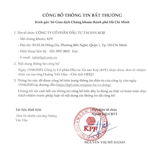 Chủ tịch HĐQT Koji từ nhiệm sau gần 2 tháng đảm nhiệm