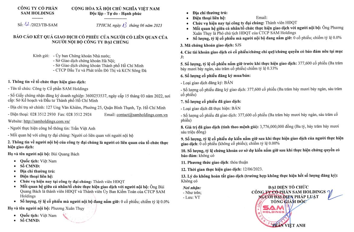 SAM Holdings báo cáo kết quả giao dịch cổ phiếu