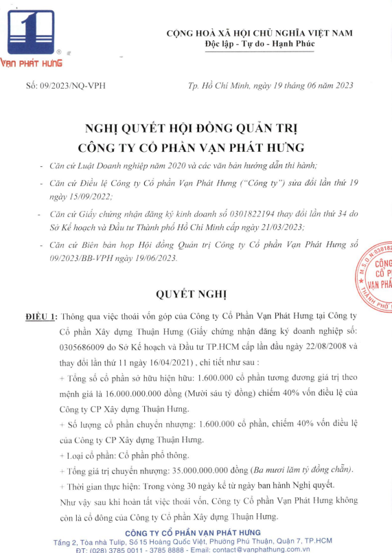 Nghị quyết chuyển nhượng cổ phần tại công ty con của Vạn Phát Hưng