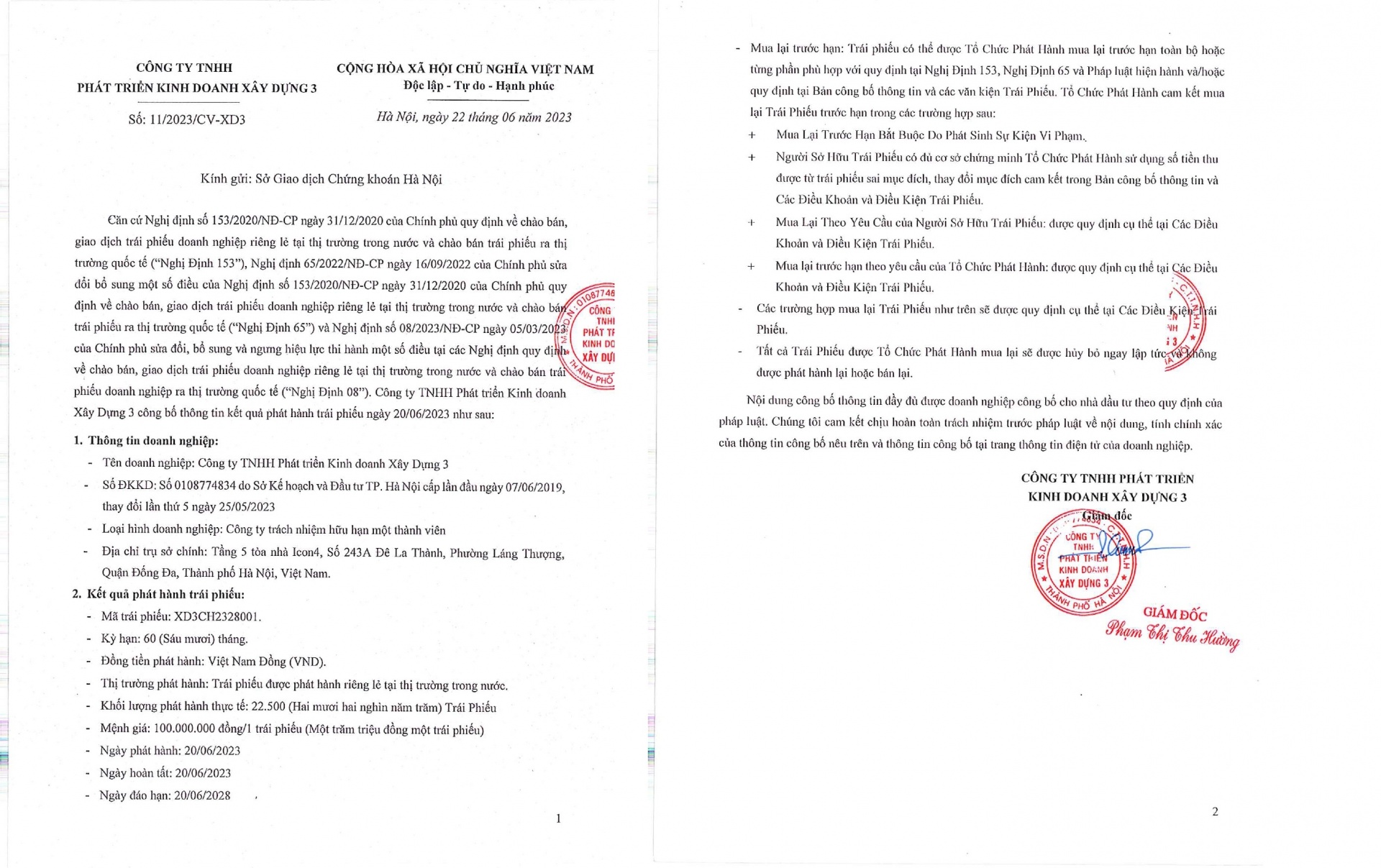 Thông báo về việc Công ty TNHH Phát triển Kinh doanh Xây dựng 3 phát hành thành công lô trái phiếu hơn 2.000 tỷ đồng.