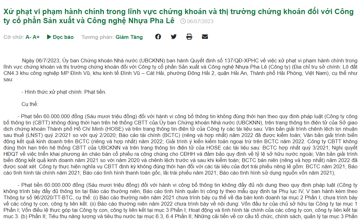 Vi phạm chứng khoán, Công ty Nhựa Pha Lê (PLP) bị xử phạt 120 triệu đồng